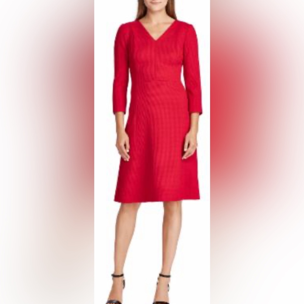 Lauren Ralph Lauren Size 8 Red 3/4 Sleeve V-Neck Shift Dress w/Back Zip Hook Eye